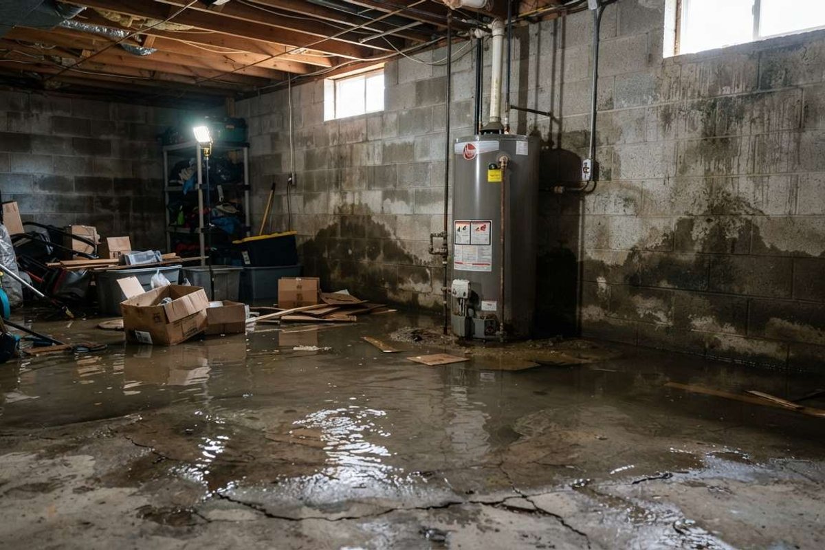 Standing water covering a basement floor with visible waterline stains on the walls, the kind of flooding basement flooding cleanup addresses