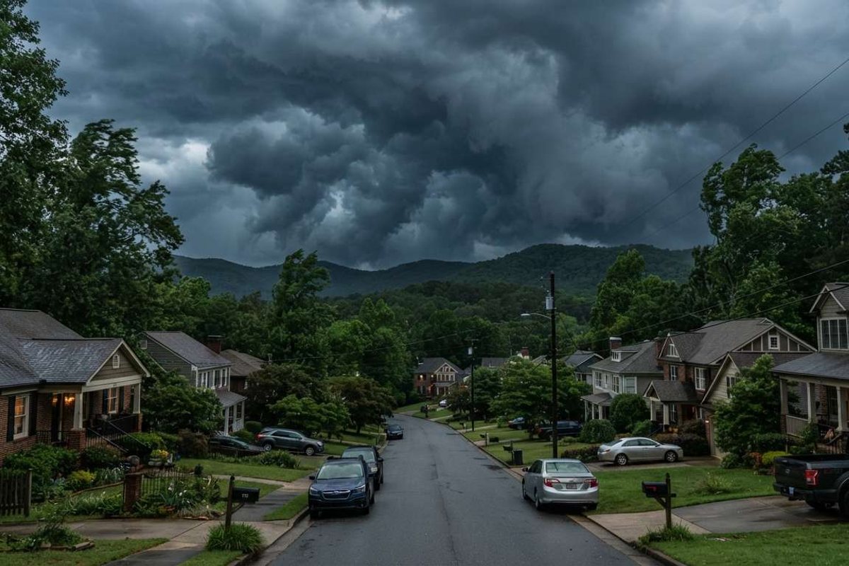 Storm clouds gathering over a North Georgia residential neighborhood, illustrating the region’s flood and storm risk