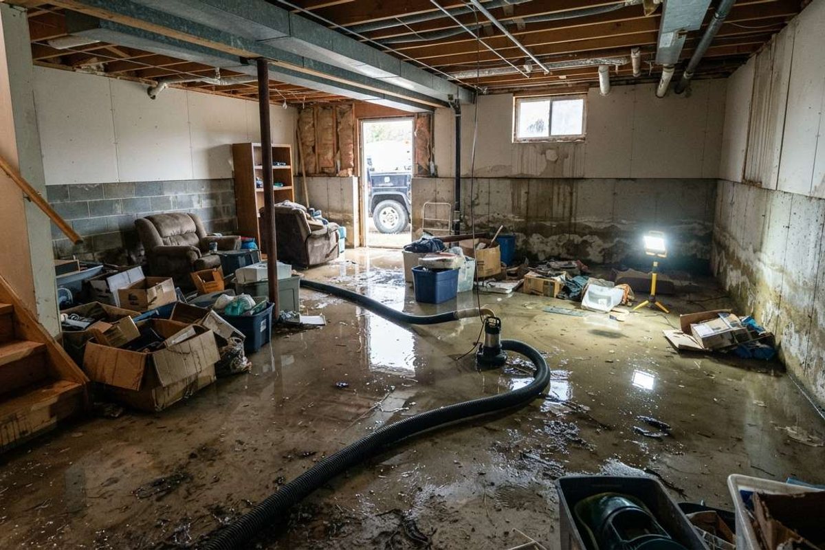 A basement showing the full scope of water damage across the floor and walls, illustrating what drives water damage restoration cost