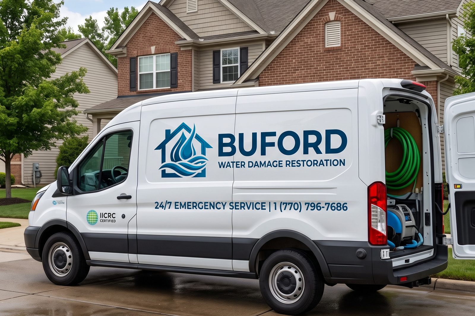 Buford Water Damage Restoration branded service van with IICRC-certified equipment, parked outside a Gwinnett County home