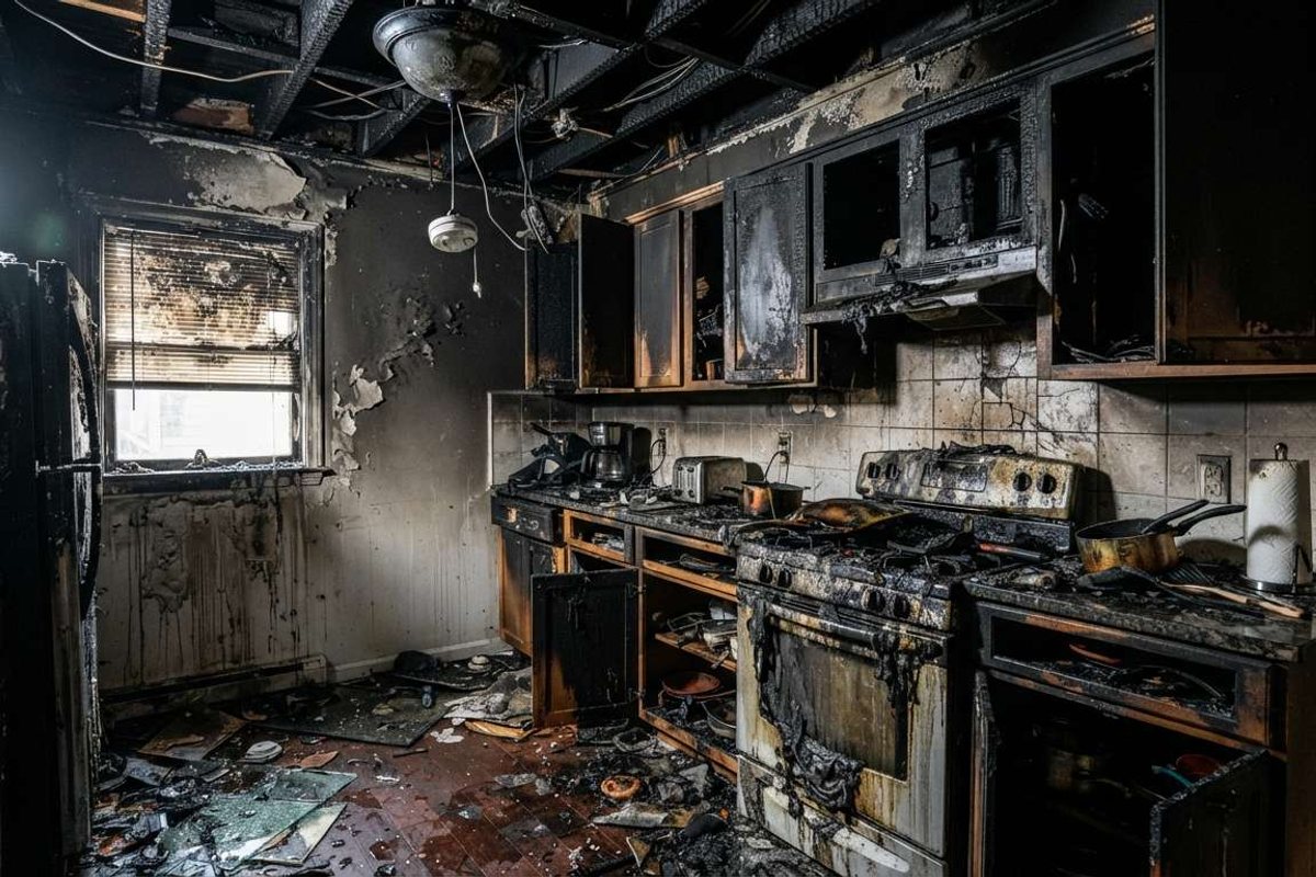 A fire-damaged home interior with soot-covered walls and burned belongings, the kind of scene fire and smoke damage restoration addresses