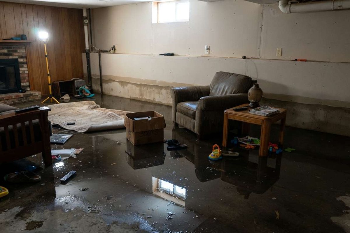 A basement rec room with standing floodwater covering the floor, the kind of active flooding flood cleanup addresses