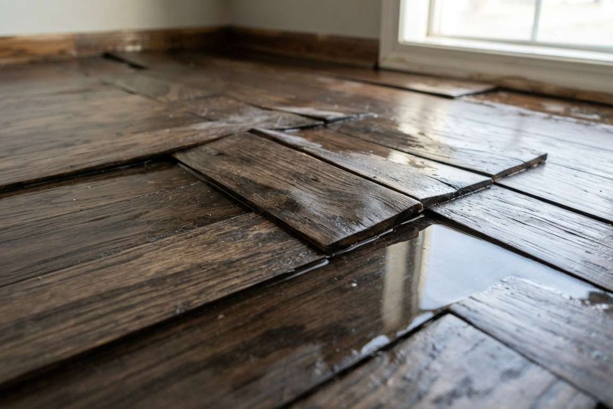 Close-up of cupped and warped hardwood flooring, the kind of water damage this service restores