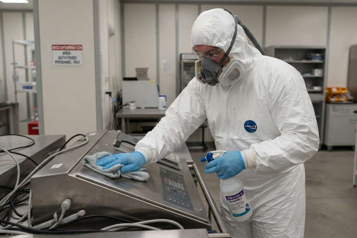 A technician in full protective equipment cleaning a contaminated surface, the kind of safe process sewage and biohazard cleanup requires