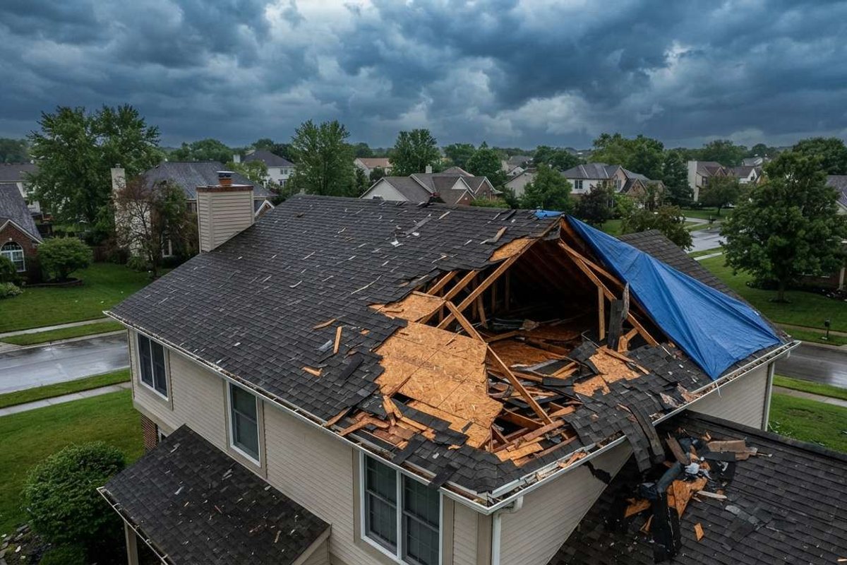 A storm-damaged roof with a torn opening exposing the attic framing, the kind of emergency storm damage restoration responds to