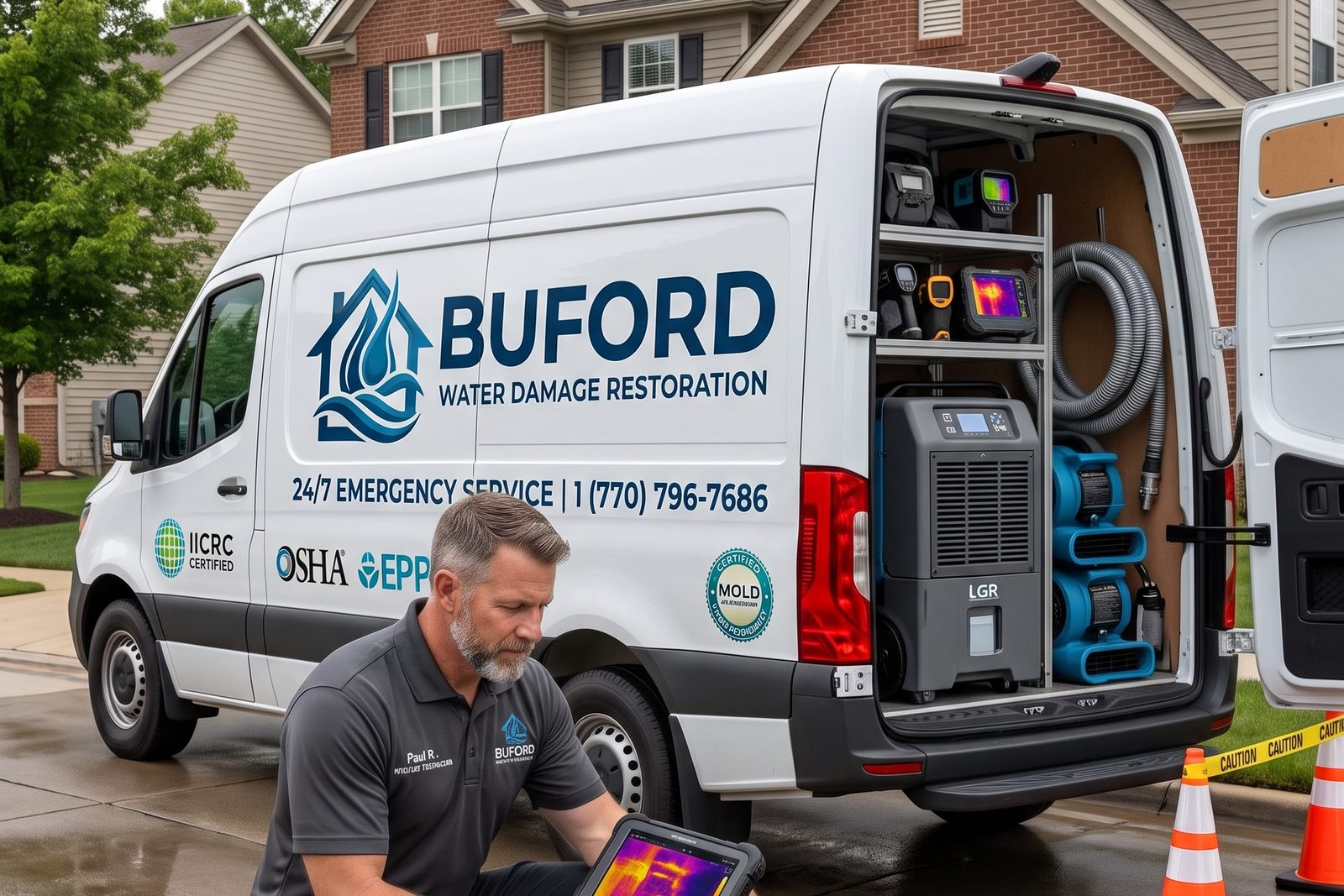 Buford Water Damage Restoration technician using a moisture meter to assess water damage on-site