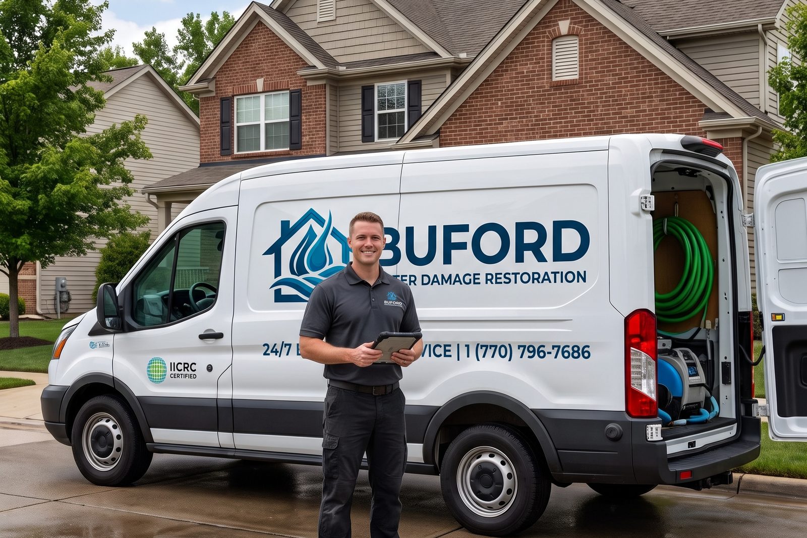 Buford Water Damage Restoration technician standing by the service van, ready to assess damage